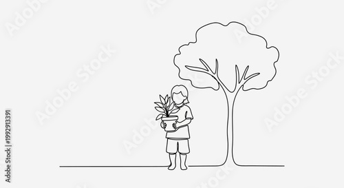Child holding potted plant near tree, continuous line drawing illustration, nature, growth concept