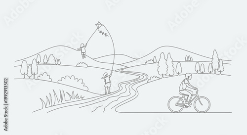 Children flying kite and man cycling on scenic country road, hand-drawn illustration