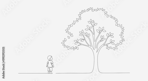 Childhood wonder: A single line drawing of a child gazing at a blossoming tree.