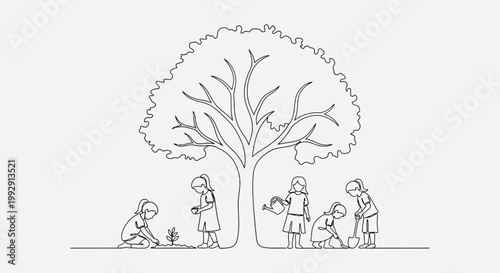 Children Planting Tree Together Under Large Tree, Line Art Illustration