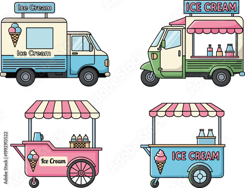 "Cartoon vector illustration set of ice cream trucks, vans, and carts with colorful awnings and decorations for dessert, street food, and branding projects"