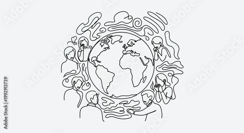 Global Community Connected by Continuous Line Art Around Earth