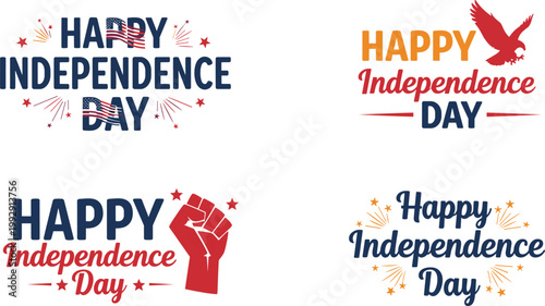 Happy Independence Day typography set with patriotic elements like eagle fist and fireworks for celebration vector illustration design