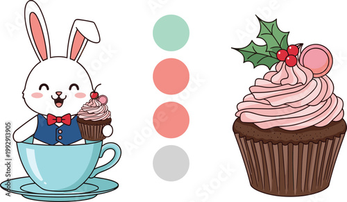 Cute Bunny Sitting in Teacup with Cupcake and Sweet Dessert Illustration Featuring Festive Chocolate Muffin with Cream Frosting for Bakery Design