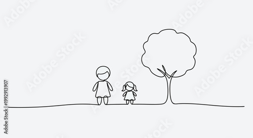 Minimalist Line Art: Two Girls and a Tree on a Horizon