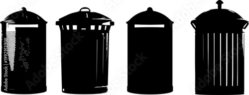 Four black silhouettes of different types of outdoor trash bins