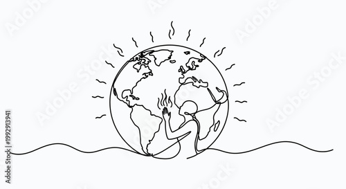 One Line Drawing Atlas Holding Earth Globe with Sun Rays, Global Warming Concept