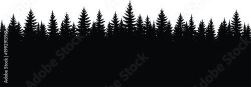 Pine forest silhouette border with dense trees, natural landscape illustration for wilderness design, outdoor background, and scenic decoration