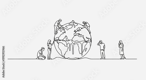 People Protecting Melting Earth From Climate Change, Continuous Line Drawing