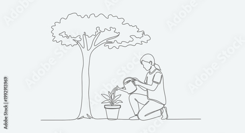 Person watering plant under a tree, single line drawing, eco concept