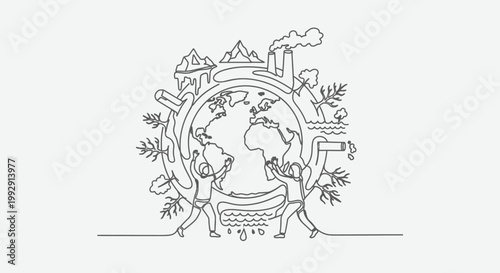 Planet Earth with diverse ecosystems and human impact, continuous line art