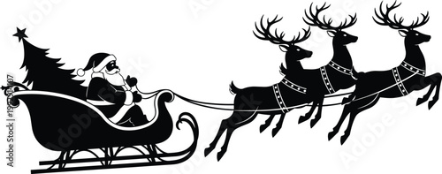Santa Claus sleigh with reindeer silhouettes flying isolated on white background, Christmas holiday festive vector illustration design element