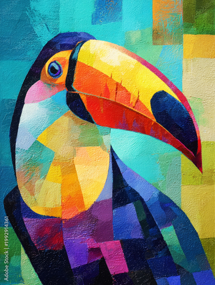 Naklejka premium Toco toucan with large orange bill and black plumage in patchwork oil paint style on turquoise geometric background concept of tropical vibrancy