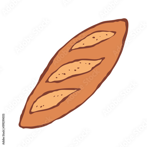 Isolated design element of baguette. Flat vector illustration in hand drawn style. Universal template for menu, recipe, print, logo, decor.