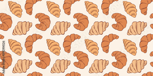 Rectangular seamless pattern with colorful various forms of croissants on white backdrop. Flat illustration in sketch style. Template for background, wallpaper, packaging, wrapper, textile, cover
