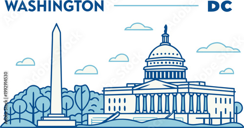 Washington DC skyline vector art in blue. Minimal urban silhouette for wall decor.