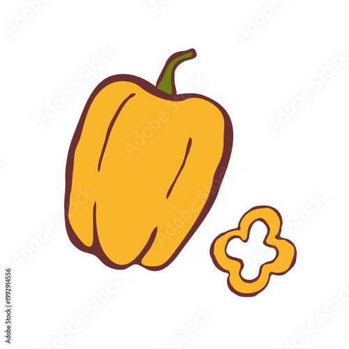 Isolated yellow bulgarian pepper with slice in hand drawn style. Design element for print, logo, menu, recipe. Flat vector illustration.