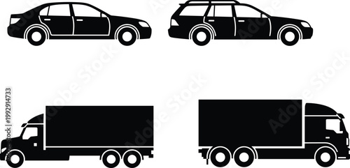 Set of vehicle silhouettes including sedan cars and delivery trucks, transportation vector collection for logistics, travel, and automotive design