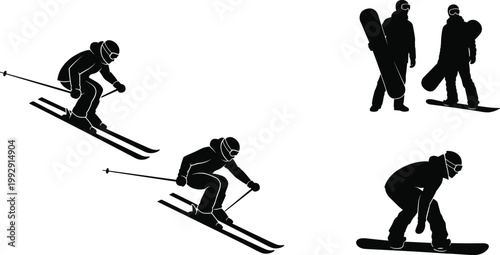 Skiing and snowboarding silhouettes set showing winter sport action, adventure, mountain activity, and extreme outdoor vector illustration design