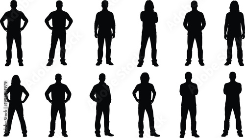 Standing people silhouettes set featuring men and women in casual poses for character, lifestyle, profile, and vector illustration design