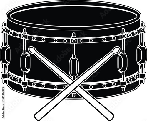 Snare drum vector illustration, detailed percussion instrument with drumsticks, black outline musical equipment isolated on white background for music design use