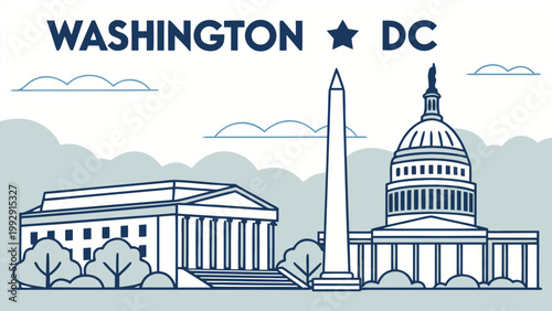 Modern Washington DC cityscape blue silhouette. Minimalist vector illustration for home decor
