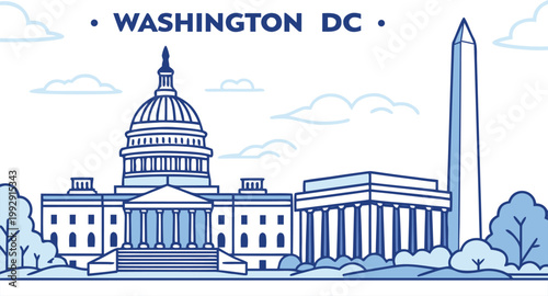 Washington DC skyline silhouette with minimalist blue design. Travel poster vector illustration