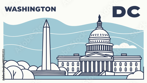 Washington DC city skyline blue silhouette vector for minimalist travel wall art poster