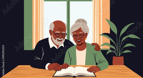 Elderly Black Couple Reading a Book Together, Enjoying Their Time Indoors with Warm Lighting and a Plant
