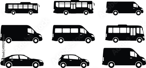 Obraz na plátně Vehicle silhouettes set vector illustration, buses vans and cars collection, tra