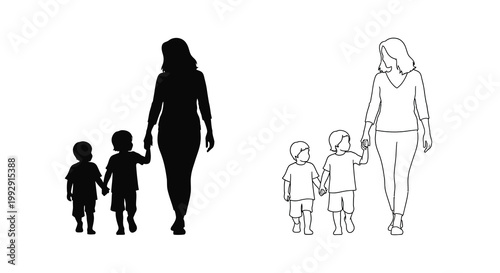 Two families walking represented as contrasting black and white silhouettes