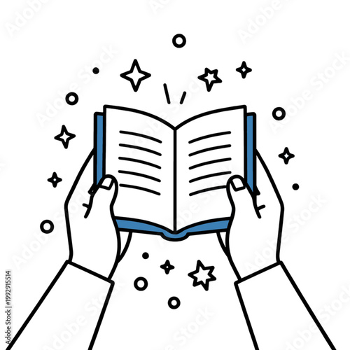 Hands Holding Open Book with Magical Sparkles Icon