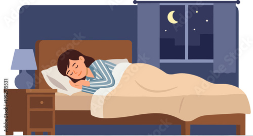 Woman sleeps peacefully on bed in bedroom at night by window