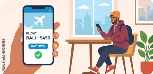 Man on vacation researches flights on phone near window with city view