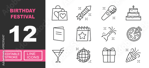 Birthday Festival line icon set. Exclusive Birthday Festival line icon collection. Containing gift, rocket, microphone, cake, card, calendar, champagne, pizza, cocktail, ball. Editable stroke.