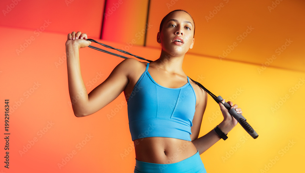 Fototapeta premium Fitness, jump rope and portrait of woman in studio for workout, cardio challenge and health. Skipping equipment, wellness and training with low angle of person on orange background for exercise