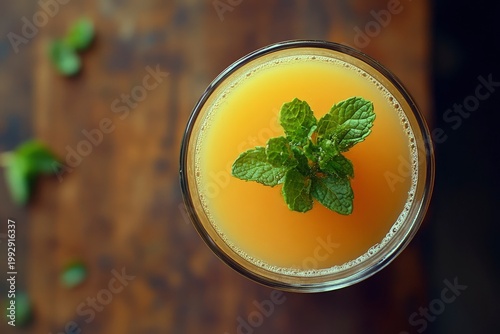 Fresh orange juice garnished with mint on a wooden background, top view