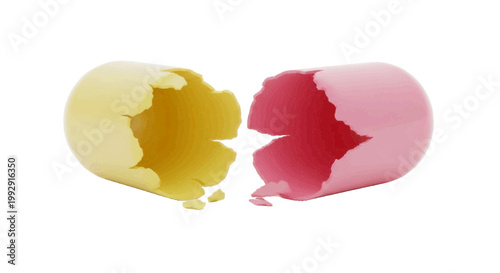 Minimal black silhouette icon, simple flat vector, bold black shape, no, no shading broken yellow and pink pill capsule on a, flat icon style