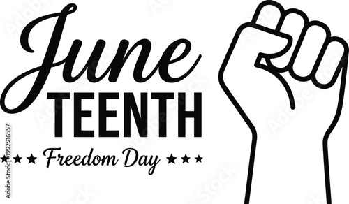 Juneteenth freedom day illustration with raised fist and stars on white background