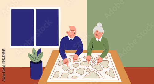Happy senior couple planning their next adventure, pointing at a large map on a table, symbolizing travel, retirement, and joint decision-making.