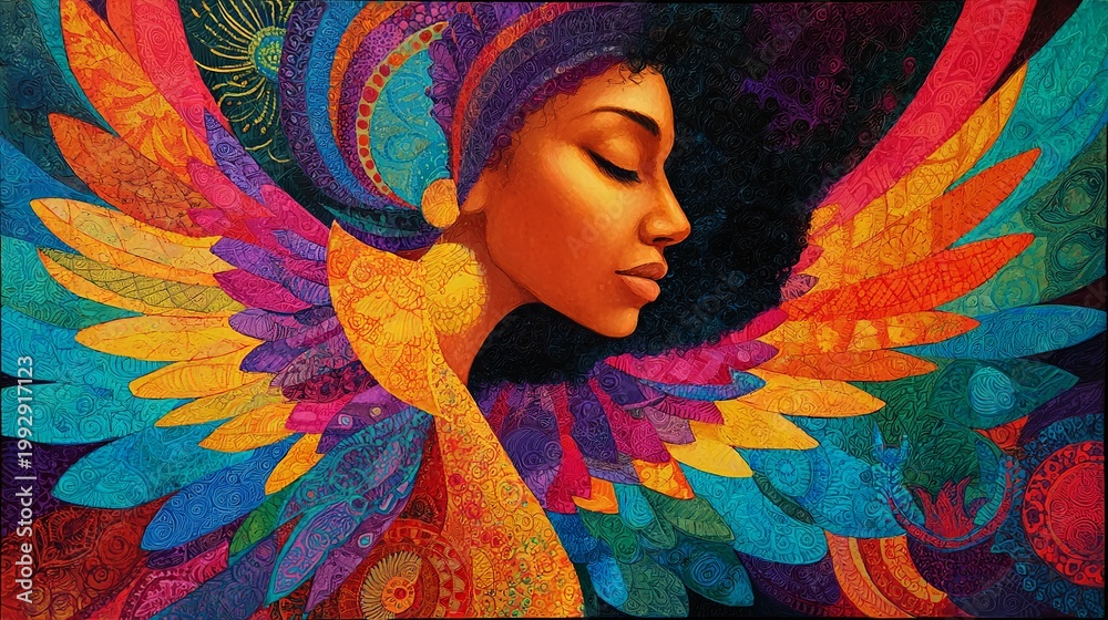 Naklejka premium A vibrant and colorful illustration of a woman with wings, symbolizing freedom and beauty.