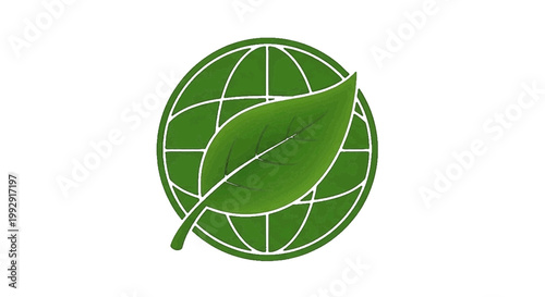 Minimal black silhouette icon, simple flat vector, bold black shape, no, no shading green leaf icon superimposed over a globe grid illustration on a, flat icon style