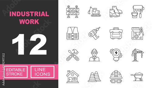 Industrial Work line icon set. Exclusive Industrial Work line icon collection. Containing Barrier, Excavator, Boots, Roller, Vest, Drill, Toolbox, Blueprint, Hammer, Worker. Editable stroke.