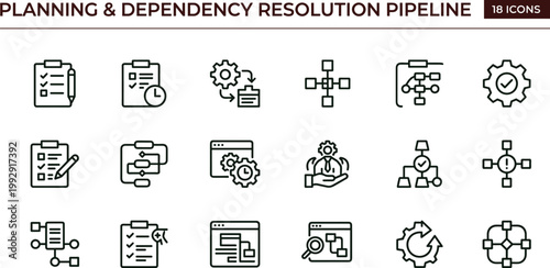 Planning dependency resolution pipeline outline icon set workflow sequencing integration coordination optimization interface vector collection toolkit