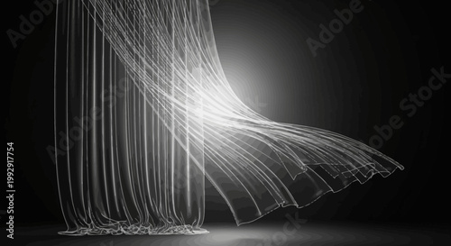 Abstract white flowing curtains on dark background with backlighting
