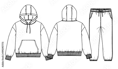 Hoodie and sweatpants flat sketch vector apparel technical mockup template