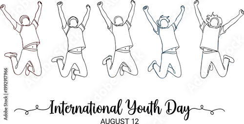 International Youth Day line art illustration with jumping young people celebrating energy and freedom for global event vector design