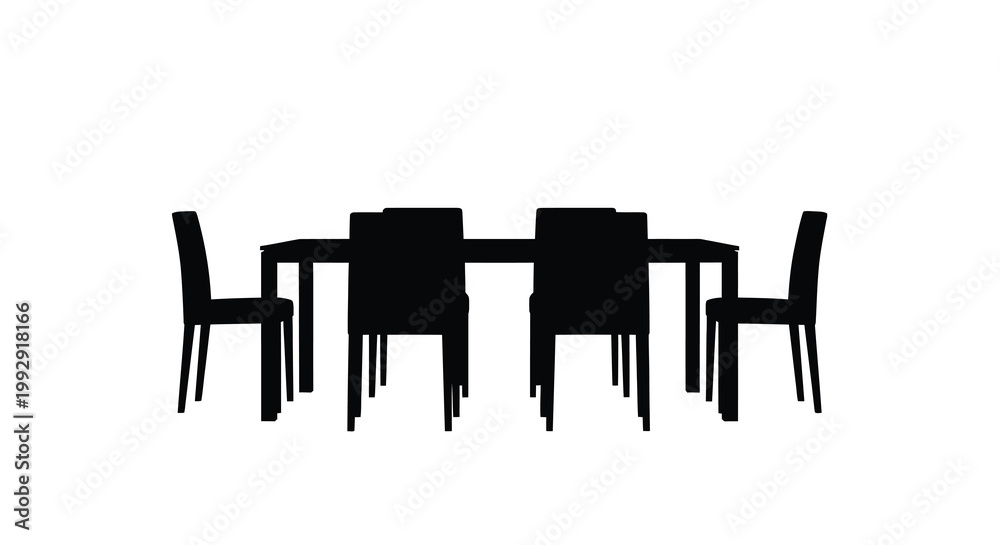 Fototapeta premium Silhouette of a dining table and six chairs against a white background