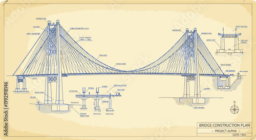 Architectural blueprint of a suspension bridge from 1950
