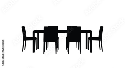 Silhouette of a dining table and six chairs against a white background
